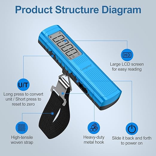 Battery-Free Digital Luggage Scale, 110lbs/50kg Portable Handheld Hanging Scale for Luggages, Suitcases, Backpacks & Bags, Easy Weighing for Travel, No Need Batteries (Blue)