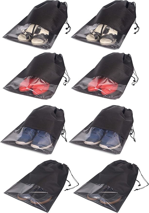 8 PCS Shoe Bags for Travel Non-Woven Large Shoes Pouch Storage Organizer with Rope for Men and Women Black
