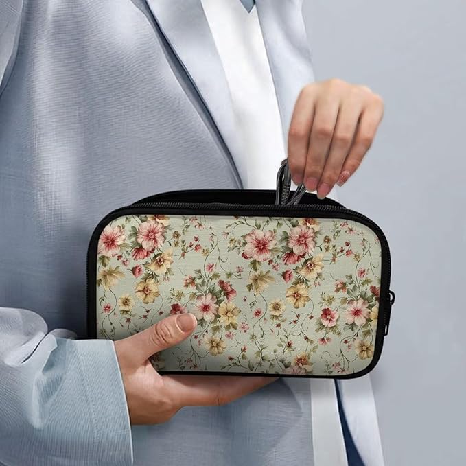Vintage Flower Print Cable Organizer Bag, Waterproof Travel Electronic Storage, Shockproof Portable Tech Bag Carrying Case for Cord, Earbuds, Charger, SD Card, Tech Gifts