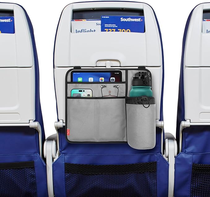 Airplane Seat Back Organizer & Storage, Airplane Tray Table Cover for Personal Items, Airline Seat Hanging Pockets Media Pouch,Reusable Travel Essentials,Fits Tablets,Cell Phone,Water Bottle (Grey)