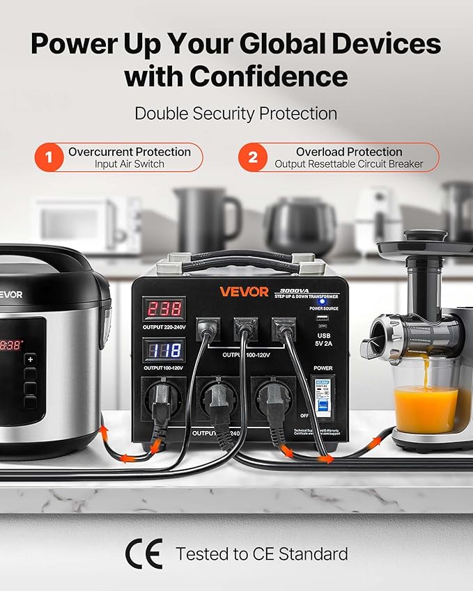 VEVOR Voltage Auto Converter Transformer, 3000VA, Heavy Duty Step Up/Down Power Transformer, 110V to 220V and 220V to 110V, with 3 US Outlets, 3 EU Outlets, LCD Display, Circuit Breaker Protection