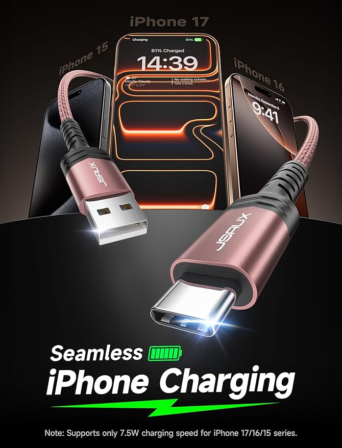 JSAUX USB C Cable Fast Charging, 3-Pack (10ft+6.6ft+3.3ft) USB A to Type C Charge Cord for iPhone 17/17 Pro/17 Pro Max, iPhone 16/16 Pro/16 Pro Max, Samsung Galaxy S24 S22 S20, USB C Charger(Pink)