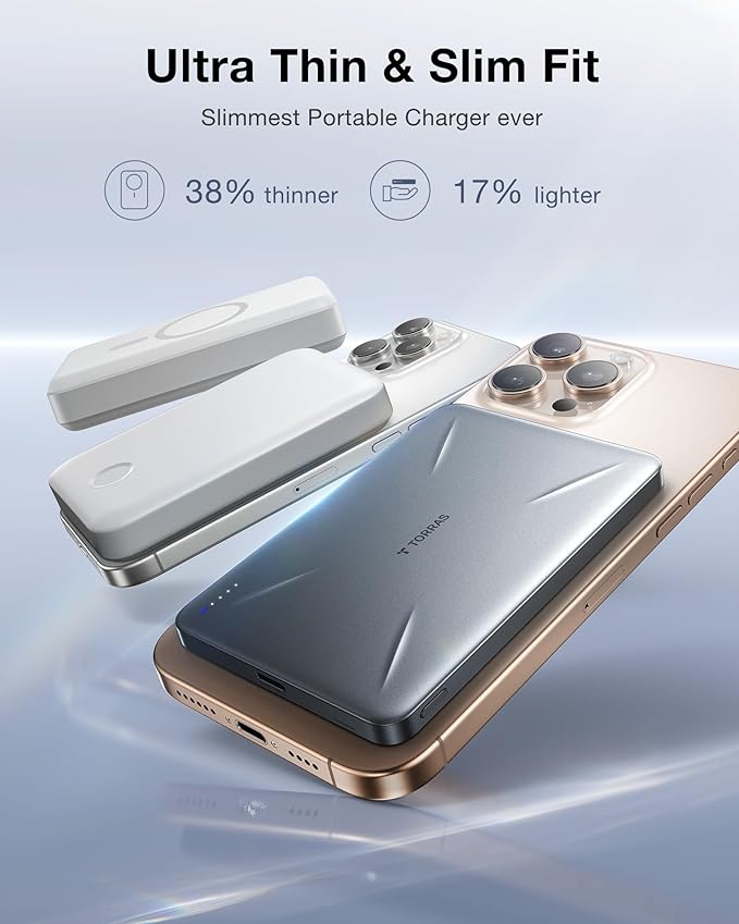 TORRAS for MagSafe Portable Charger, Ultra Slim 5,000mAh Wireeless Magnetic Power Bank Fast Charging Battery Pack with USB-C Cable, Magsafe-Compatible Charger for iPhone 17 Pro Max/17 Pro/16/15/14/13