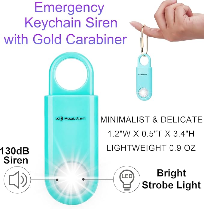 130dB Personal Safety Alarm Ultra Bright Strobe Light. Loud Sound SOS Emergency Alerts. Self Defense Keychain Siren for Women, Children, Night Runners, Hiking. Bear Alarm Deterrent. Aqua