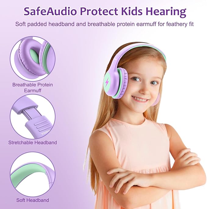 Voopwink Kids Headphones Wired with Microphone, USB Type C Headphones for Kids Girls Boys with Cord/LED Lights/85/94dB Volume Limit, Portable Over Ear Headphones for School/Travel/Tablet/iPad