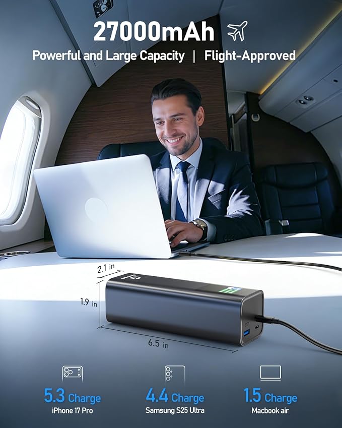 27000mAh Power Bank, 140W Laptop Portable Charger with PD 3.1 Fast Charging, Smart Sisplay, 99Wh Battery Bank for MacBook Pro/Air, iPad Pro, iPhone17/16 Series, Samsung and More(Dark Gray)