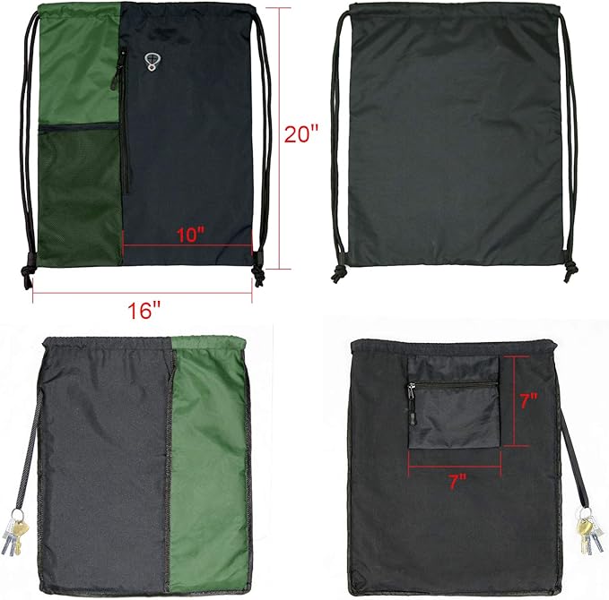 BeeGreen Green Drawstring Bag Sports Gym Backpack for Women Men Large Cinch Sackpack Day Pack with Zipper and Water Bottle Mesh Pockets (Black/Green)