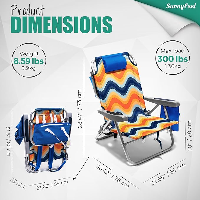 SUNNYFEEL Low Beach Chair, 5-Position Lay Flat Reclining, Backpack Portable Folding Chair with Cooler Bag & Cup Holder, Heavy Duty 350 LBS, Compact for Beach, Camping, Travel