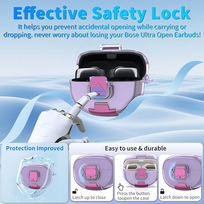 for Bose Ultra Open Earbuds Case with Secure Lock & Phone Stand, Soft TPU Shockproof Protective Clear Case for Bose Open Ear Earbuds Accessories with Cleaning Pen & Keychain (Clear Purple)