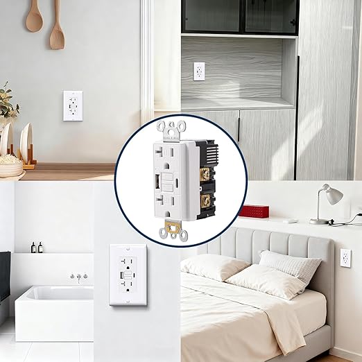 20 Amp GFCI Outlet with USB-A & USB-C Ports, Tamper-Resistant Receptacle, Automatic Self-Test & LED Indicator, in-Wall Installation, Wall Plate Included, ETL Listed, White, 10 Pack