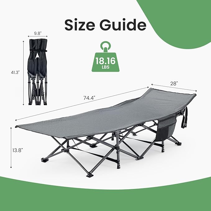 OLIXIS Folding Camping Cot, Rollaway Bed, Portable Camping Bed for Indoor & Outdoor, Sleeping Cot for Adults, 3.5'' Cushion, 440 lbs Sturdy Frame, Quick Setup, Compact Carry & Storage, Grey