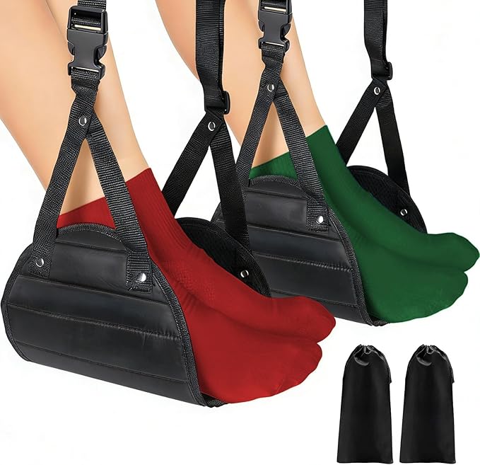Airplane Foot Hammock for Flight, Adjustable Foot Rest Under Desk, Portable Wide Foot Support for Long Trips & Office, Travel Essentials, Best Airplane Gadgets & Travel Gifts (2 PC)