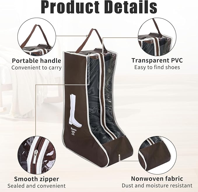 2 Pack Brown Boot Storage Bag, Portable Dust Proof Boot Bags for Cowboy Boots, Shoe Cover Protector Bag for Boots Storage and Organizer Packing, Tall Boot Storage Carry Bag for Travel Daily Use