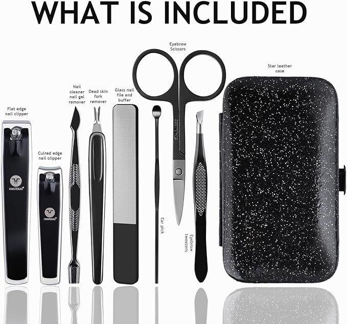 HANTEKAS Manicure Pedicure Set 8pcs Stainless Steel Nail Clippers Kit Fingernail Toenail Clippers Cutters with Leather Case for Home Workplace Outdoor Travel Salon Gift for Men Women Family Friends