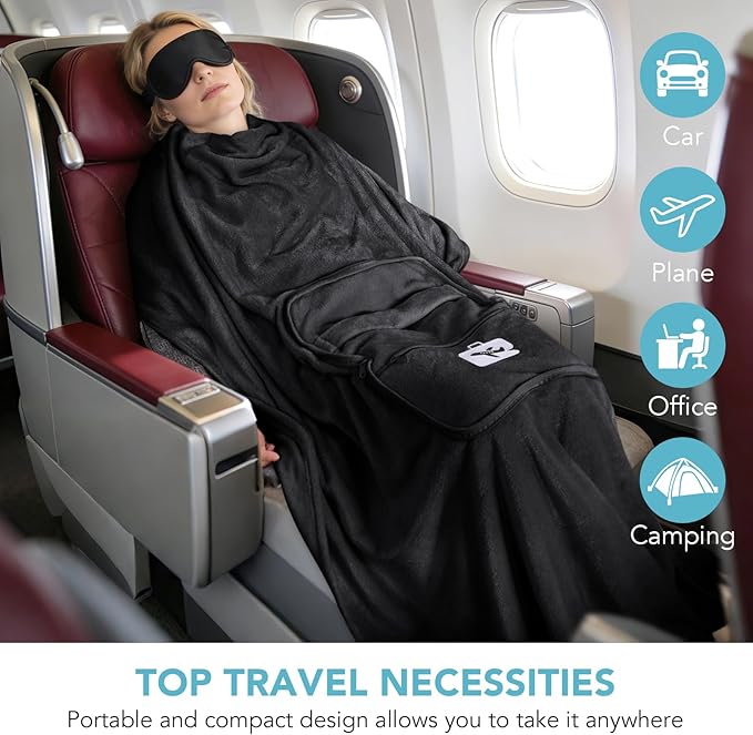 SINLAND Travel Pillow and Blanket 2-in-1 Set,Airplane Packable Bag,Soft and Lightweight Plane Flight Car Trips Travel Essentials Gift,Hand Luggage Sleeve and Backpack Clip,60x50 Inch Black