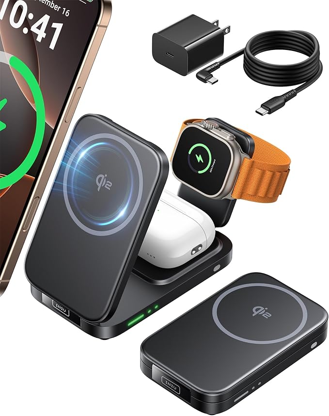 INIU Ultra Slim 10000mAh 45W PD Power Bank & Qi2 Certified, 3 in 1 Wireless Charging Station for Apple Multiple Devices Combo