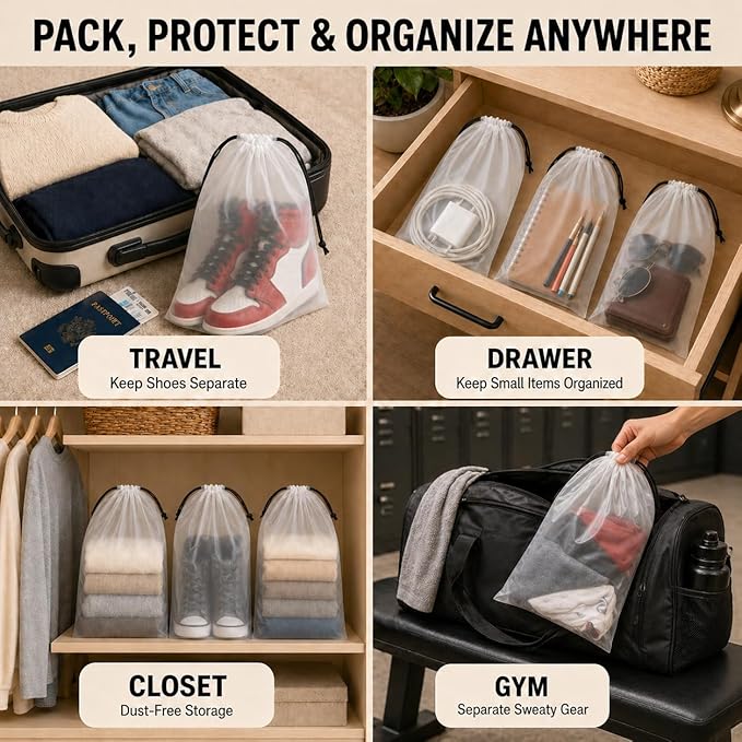 5 Pack Clear Shoe Bags for Travel, 15.7"×11.8" PEVA Drawstring, Water-Resistant, Fits up to Men’s 12–13, Reusable Storage for Shoes, Clothes & Toiletries, Keep Luggage Tidy & Odor-Free