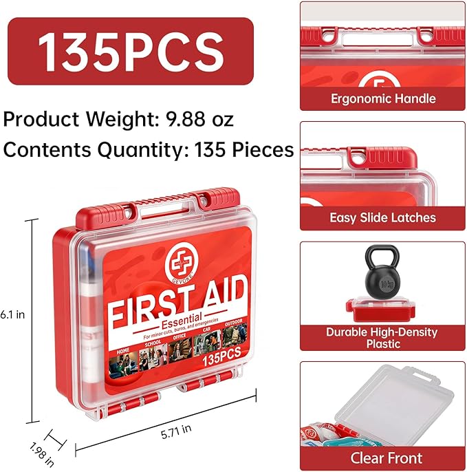 Gevoke Mini First Aid Kit - 135 Piece HardCase First Aid Box for Home, Car, Travel, Camping, Hiking, Truck, Sports, Office, Vehicle & Outdoor Emergencies - Medical Kit (Small)