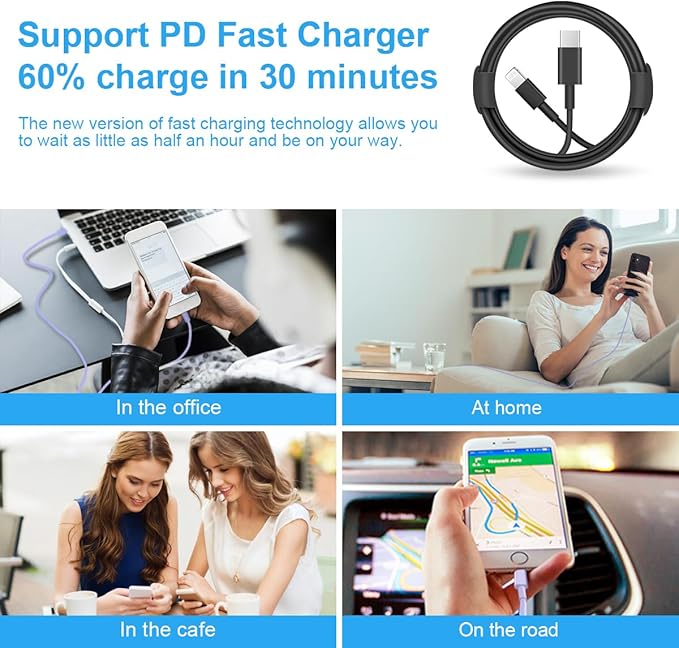 iPhone Fast Charger 3+3Pack 20W USB C Wall Charger with 6FT Fast Charging Cable Compatible with iPhone 14/13/12/11/Pro/Pro Max-Black