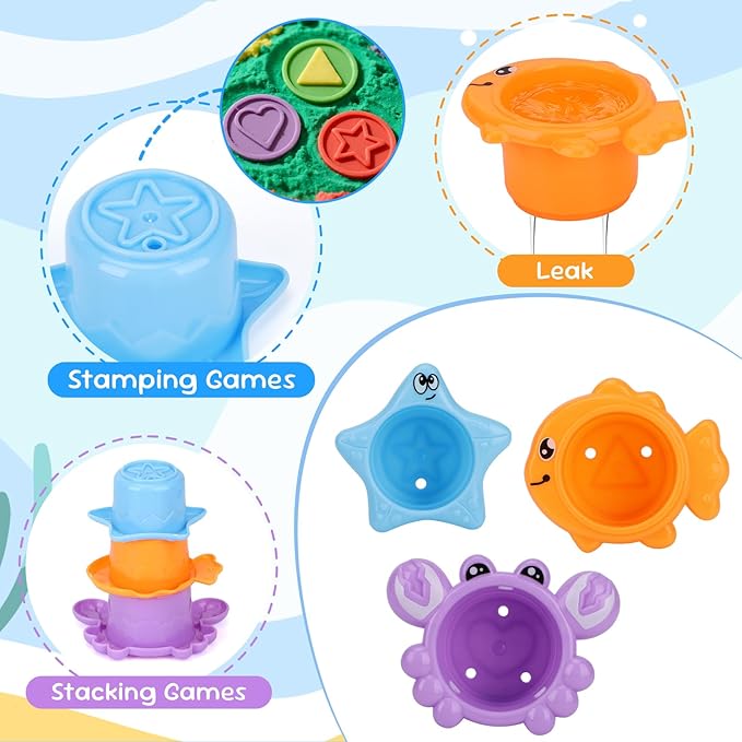 Fajiabao Baby Bath Toys for Kids Ages 1-3 Toddler Bath Toys Mold Free for 2-4 Bathtub Sand Beach Pool Water Toys for 1+ Year Old Girl Gifts 9 PCS (Color Random)