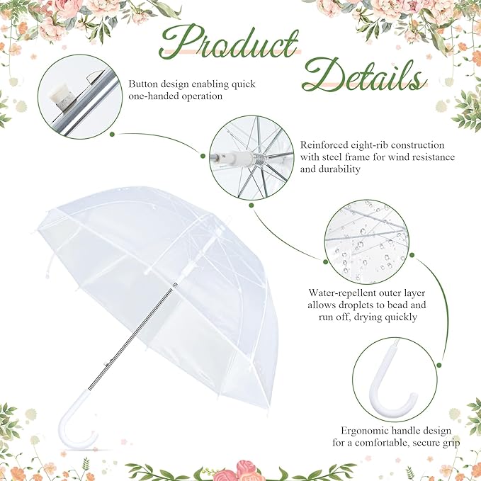 6 Pcs Clear Umbrella Wedding, Durable Transparent Rain Clear Umbrella Bulk with Wedding Thank You Cards for Wedding Bride Groom Photography Outdoor Anniversary Party Favors