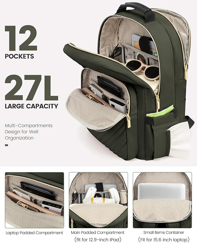 LOVEVOOK Laptop Backpack Purse for Women, Work Business Travel Computer Bags, College Nurse Backpack for Womens, Quilted Casual Daypack with USB Port, Fit 15.6 Inch Laptop, Army Green