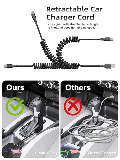 Quickeep Car Carplay Cable 3ft Coiled USB A to USB C Fast Charge Cord for iPhone 16/15/Plus/Pro Max/MacBook Pro, Auto Coiled Retractable iPhone Car Cord