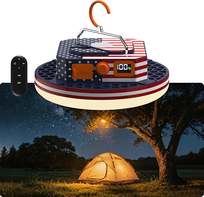 IODOO 10000mAh Rechargeable Camping Light with Remote , US Flag Print American Flag Light for Outdoor Camping Hiking Emergency Power Failure (30W(US Flag Style))