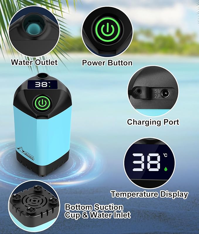WADEO Portable Shower for Camping, Outdoor Electric Shower Rechargeable Pump with Intelligent Digital Display, Camping Shower Head Nozzle for Camping, Hiking, Traveling, Washing