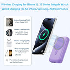 Pxwaxpy Magnetic Portable Charger 10800mAh,4-in-1 Power Bank with iWatch Charger, 25W PD Fast Charging USB C Battery Pack for Magsafe,iPhone 17/16/15/14/13/12 Series,Apple Watch (Purple)