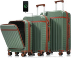 Merax 3 Piece Luggage Set ABS Hardside Suitcase Sets with Spinner Wheels and TSA Lock, 20 inch with Front Opening Design and USB Port, 20" Airline Certified Carry-on Luggage, 20" 24" 28", Green