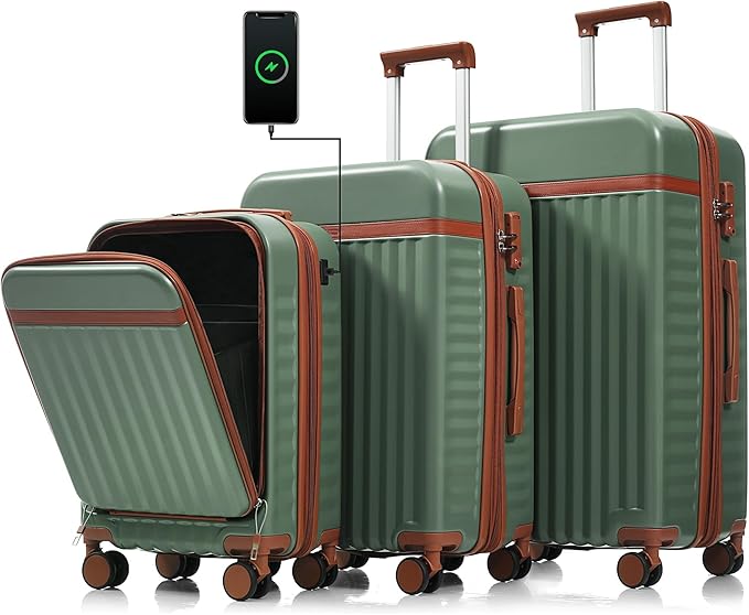 Merax 3 Piece Luggage Set ABS Hardside Suitcase Sets with Spinner Wheels and TSA Lock, 20 inch with Front Opening Design and USB Port, 20" Airline Certified Carry-on Luggage, 20" 24" 28", Green