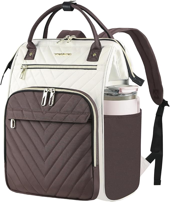 VANKEAN 17 Inch Laptop Backpack for Women Fashion Computer Work Bag, Large Capacity Waterproof Backpack, College Daypack Business Travel, Beige-Coffee