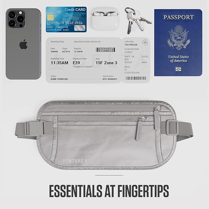 VENTURE 4TH Money Belt for Travel – Slim Hidden Under-Clothes RFID Blocking Anti-Theft Passport Holder & Travel Wallet Pouch for Men & Women to Protect Cash, Cards & Documents (Sleek Silver)