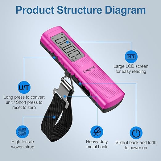 Battery-Free Digital Luggage Scale, 110lbs/50kg Portable Handheld Hanging Scale for Luggages, Suitcases, Backpacks & Bags, Easy Weighing for Travel, No Need Batteries (Pink)