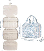 Narwey Hanging Floral Toiletry Bag for Women Travel Makeup Bag Organizer Toiletries Bag for Travel Size Essentials Accessories Cosmetics (Blue Flower (Medium))