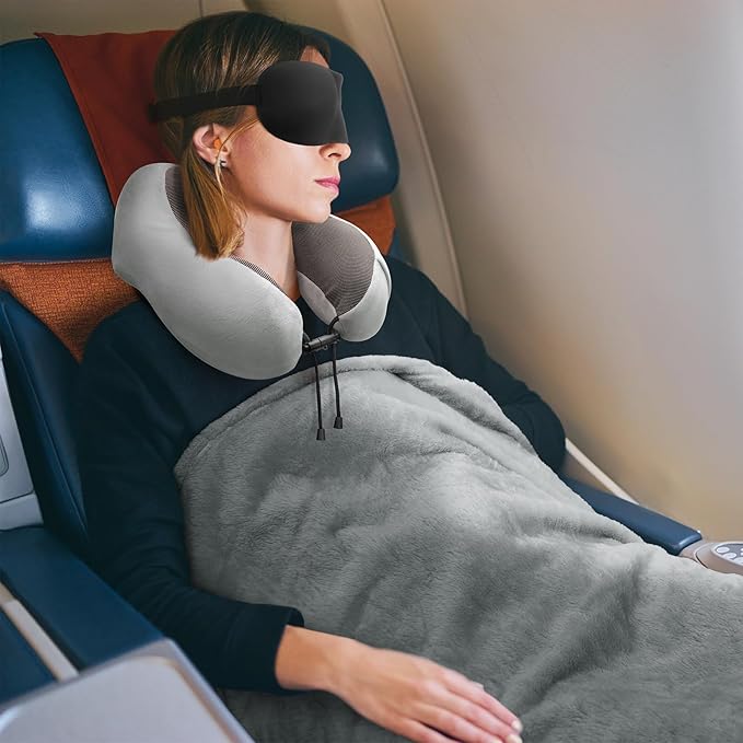 urnexttour Travel Pillow and Blanket Set Neck Pillows Travel Essentials with Sleep Mask for Airplane Car Memory Foam Grey