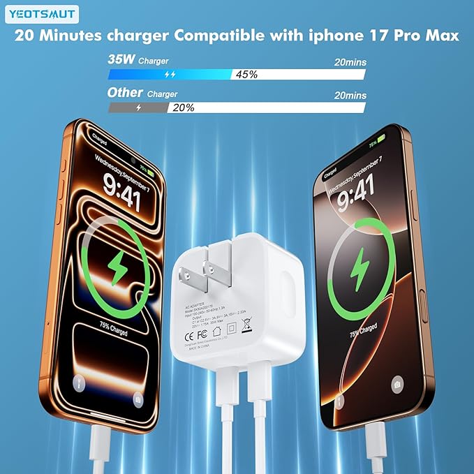 USB C Charger Block, 35W Dual USB-C Port Compact Power Adapter for Phone 17/16/15/14/13/15 Pro/Pro Max/Plus/XS/XR/X,Galaxy, Pixel,i Pad, AirPods, MacBook Air and More