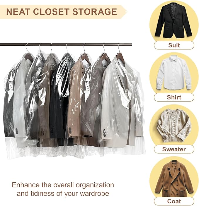 40 Pack Clear Garment Bags for Clothes, Gretchin,(Set of 40, 60x150cm), Clear Clothes Covers Plastic Garment Bags Dry Cleaner Bags Plastic Clear Dry Cleaning Bags for Hanging Clothes Storage