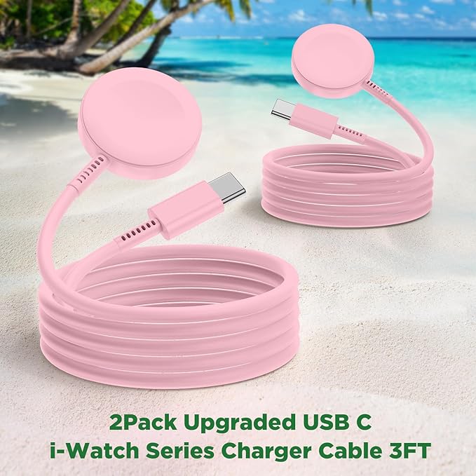 2Pack for Apple Watch Charger Cable, 3FT USB C to Magnetic Wireless Fast i-Watch Charging Cord [Portable], Compatible with iWatch Series Ultra/9/8/7/6/SE/SE2/5/4/3/2 - Pink