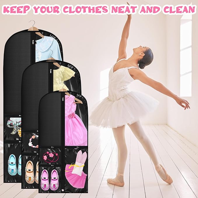 Woanger 6 Pcs Garment Bags for Dance Costumes Clear PVC with Zippers Garment Bag with Pockets Dance Costume Organizer Carrier for Storage Cover for Adult(Black,20'' X 40'',24'' X 50'',24'' X 60'')
