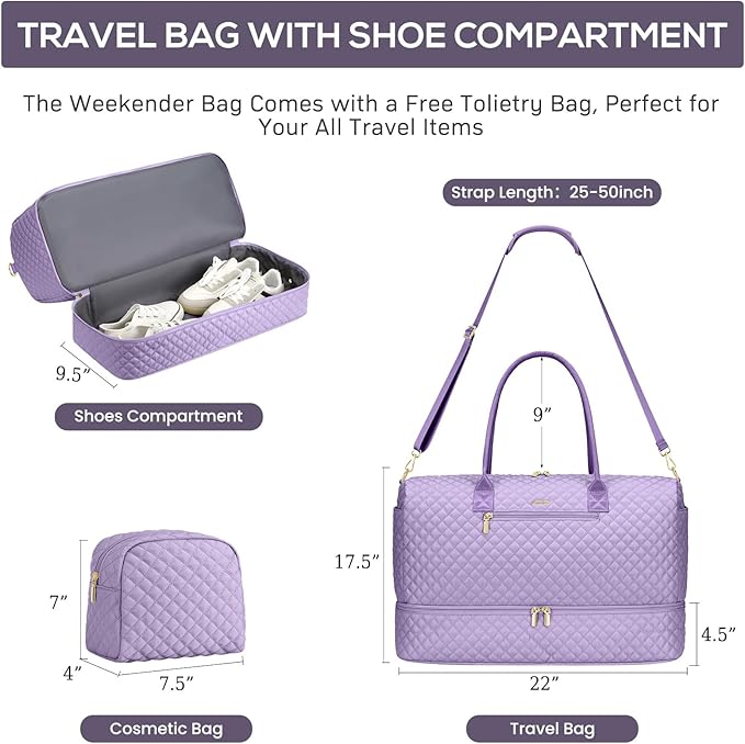 Travel Weekender Duffle Bags for Women - Large Carry On Bag with Shoe Compartment Overnight Bag with Toiletry Bag Duffel Bags with Wet Pocket for Gym Hospital Bags for Labor and Delivery Light Purple