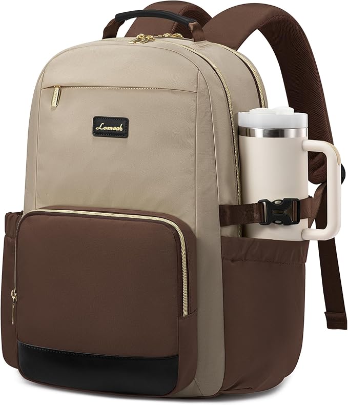 LOVEVOOK Laptop Backpack for Women with Pouch Pocket for Large Capacity Cup,18 Inch Teacher Nurse College Work Backpack Purse,Waterproof Laptop Bag Computer Back Pack for Travel, Khaki-Coffee-Black