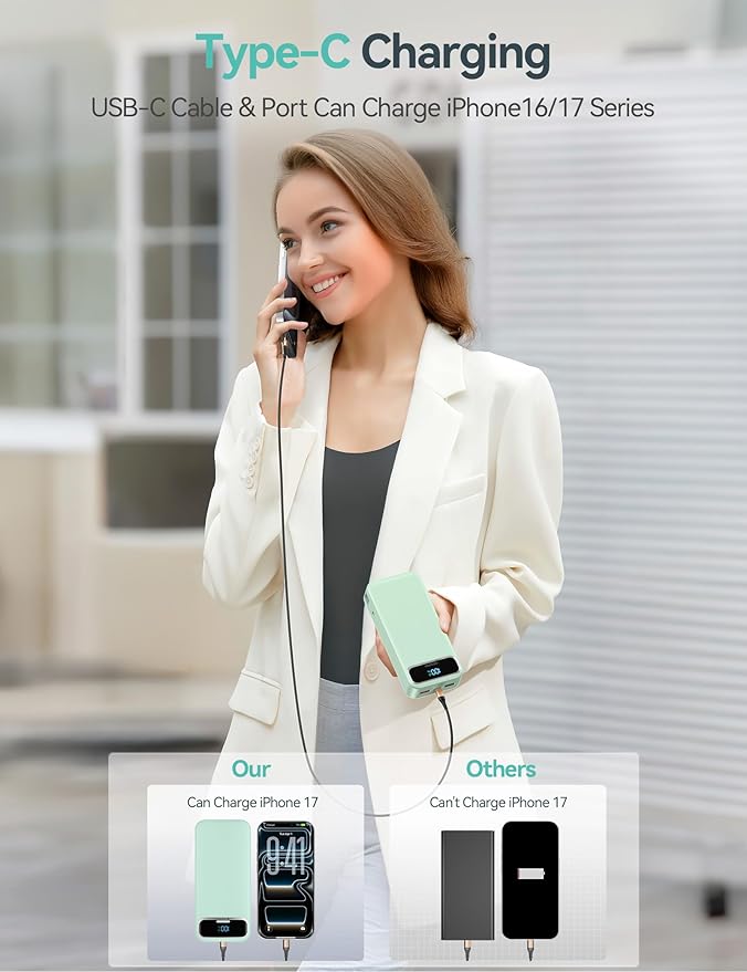 20000mAh Lightweight-Portable-Charger-Power-Bank with Built-in Cables and AC Wall Plug, PD20W USB-C Fast Charging Battery Pack, LED Display External Travel Phone Charger for All iPhone,Samsung,Android