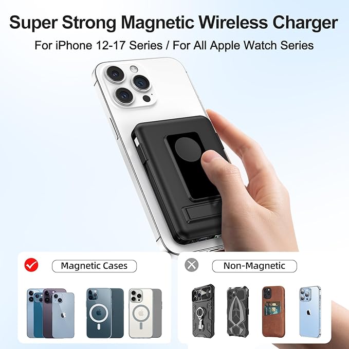 Magnetic Portable Charger, 10000mAh Wireless Power Bank for iPhone with Built-in Cables, 20W Fast Charging for Magsafe Battery Pack with Stand for iPhone Air/17/16/15/14/13/12 and Apple Watch