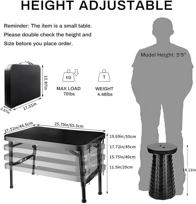 KPR Retractable Small Folding Table and Stool Set, Portable Camping Foldable Table Lightweight Yet More Sturdy with Adjustable Stool for Outdoor Picnic, Beach, Camp, Also Ideal as Laptop Bed Desk