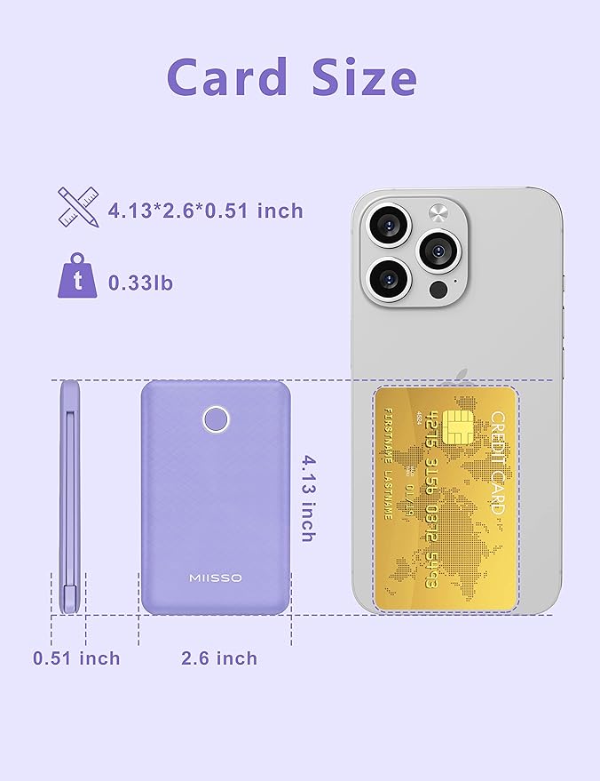 miisso 6000mah Ultra Slim Built in Cables Power Bank, Card Size Built in USB C Cords Battery Pack Portable Charger for Phones, 3 Output External Battery Pack Compatible with iPhone, Purple