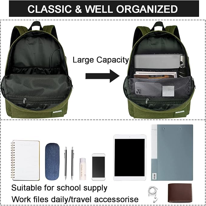 SUPACOOL Casual Laptop Backpack for Men and Women, Backpack for College, USB Charging Port, Lightweight Pack Back(Olive)