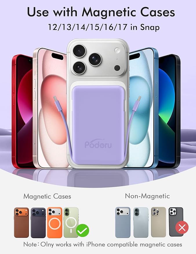 podoru for Magsafe Battery Pack, 10000mAh Magnetic Power Bank Built-in Double USB C Cables 20W PD Fast Charging LED Display Wireless Portable Charger for iPhone 17/16/15/14/13/12 Series-Purple