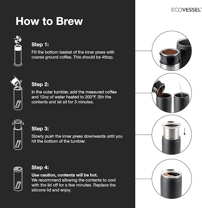 EcoVessel Travel French Press, Portable Coffee Maker, Stainless Steel Insulated Coffee Press, Reusable Single Serve Bottle for On-The-Go Use, 14oz (Mint)